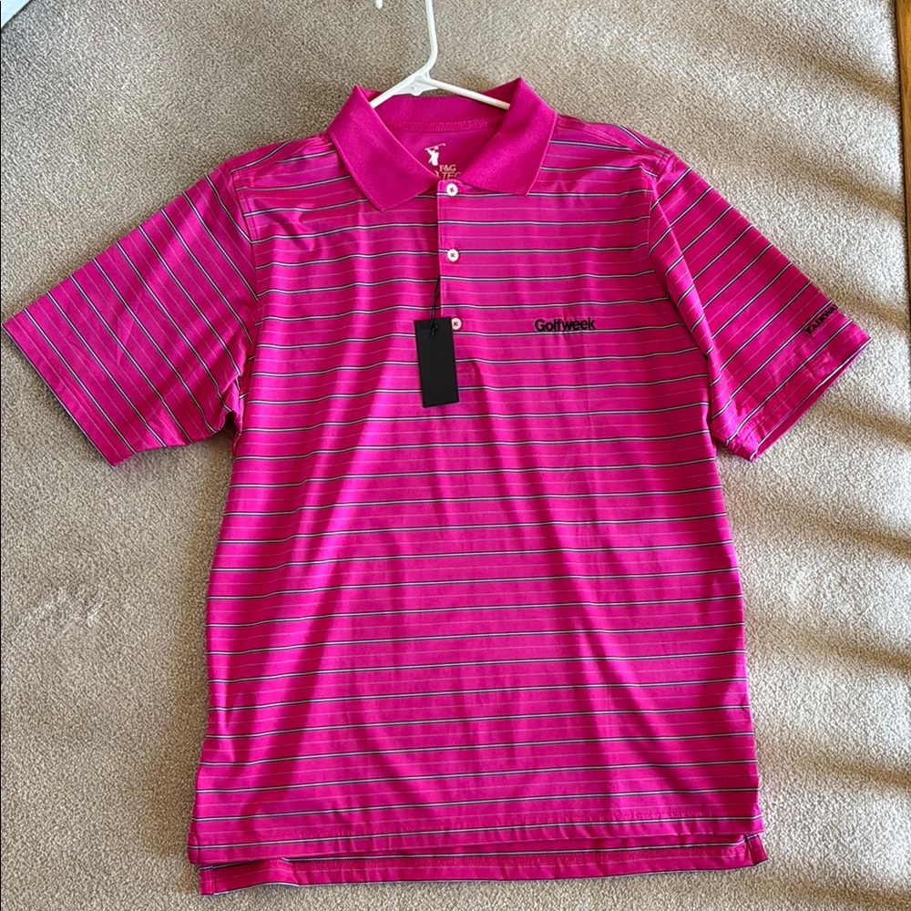 Vibrant Pink Striped Polo Shirt with Short Sleeves